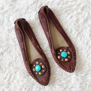 Miu Miu Leather Turquoise Stitched Moccasins